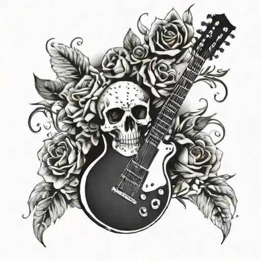 A bouquet of flowers forming the shape of a guitar headstock, with a skull as the centerpiece tattoo design idea