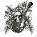 A bouquet of flowers forming the shape of a guitar headstock, with a skull as the centerpiece tattoo design idea
