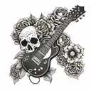 A bouquet of flowers forming the shape of a guitar headstock, with a skull as the centerpiece tattoo design idea