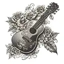 A bouquet of flowers forming the shape of a guitar headstock, with a skull as the centerpiece tattoo design idea