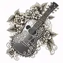 A bouquet of flowers forming the shape of a guitar headstock, with a skull as the centerpiece tattoo design idea