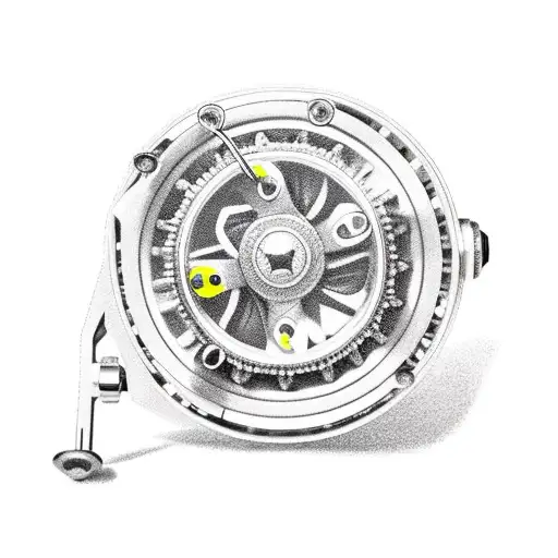 A realistic depiction of a fishing reel with intricate details, with a breast cancer ribbon flowing from it tattoo design idea