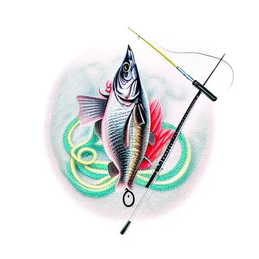 A realistic portrait of a fishing rod with a breast cancer awareness ribbon entwined around it tattoo design idea