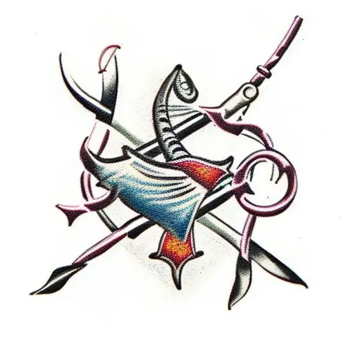 A traditional tattoo design showcasing a fishing hook with a breast cancer ribbon looped through it tattoo design idea