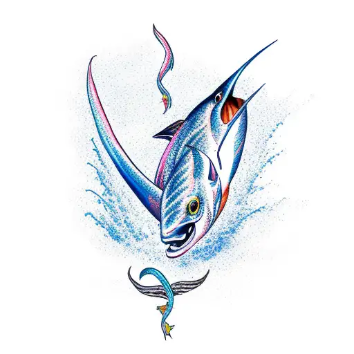 A majestic marlin leaping out of the water with a breast cancer ribbon wrapped around its tail tattoo design idea