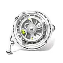 A realistic depiction of a fishing reel with intricate details, with a breast cancer ribbon flowing from it tattoo design idea