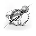 A realistic depiction of a fishing reel with intricate details, with a breast cancer ribbon flowing from it tattoo design idea