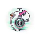 A realistic depiction of a fishing reel with intricate details, with a breast cancer ribbon flowing from it tattoo design idea