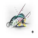 A realistic portrait of a fishing rod with a breast cancer awareness ribbon entwined around it tattoo design idea