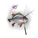 A realistic portrait of a fishing rod with a breast cancer awareness ribbon entwined around it tattoo design idea