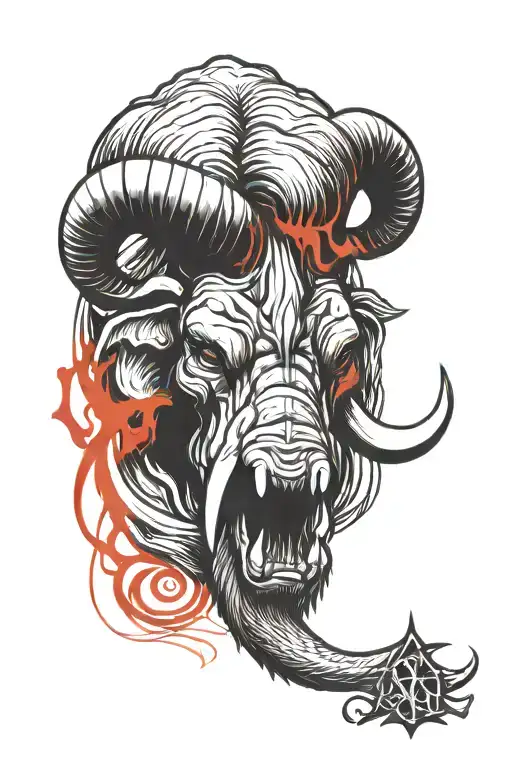 mammoth head, angry ,long horns , sureal , tremendous style , red firey lines , hand sketch , sharpe edge ink, lotus,4k tattoo design idea