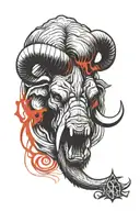 mammoth head, angry ,long horns , sureal , tremendous style , red firey lines , hand sketch , sharpe edge ink, lotus,4k tattoo design idea