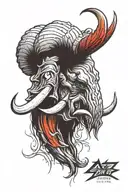 mammoth head, angry ,long horns , sureal , tremendous style , red firey lines , hand sketch , sharpe edge ink, lotus,4k tattoo design idea