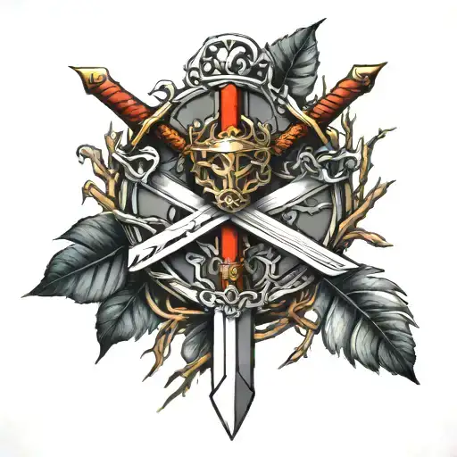 three swords crossed with branches around them tattoo design idea