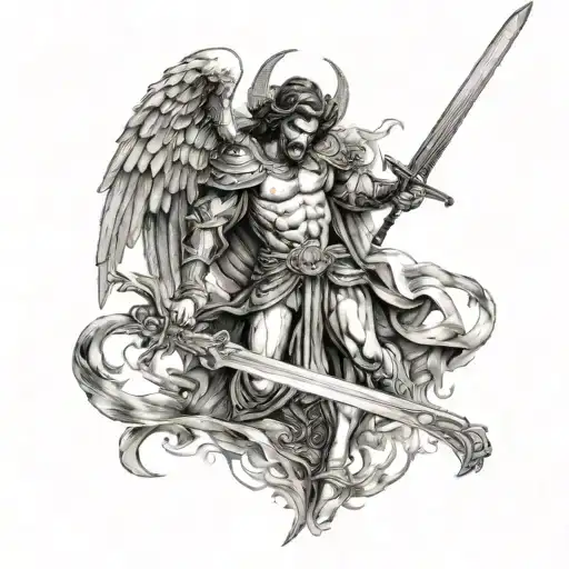 screaming angry angel michael warrior holding a sword stabing the devil tattoo design idea