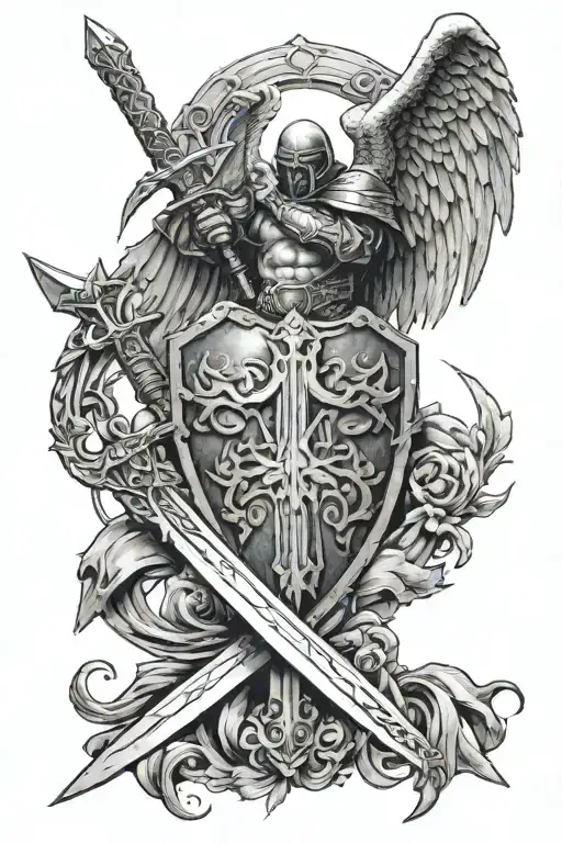 Incorporate MMA gloves with Angel Michael's sword and shield tattoo design idea
