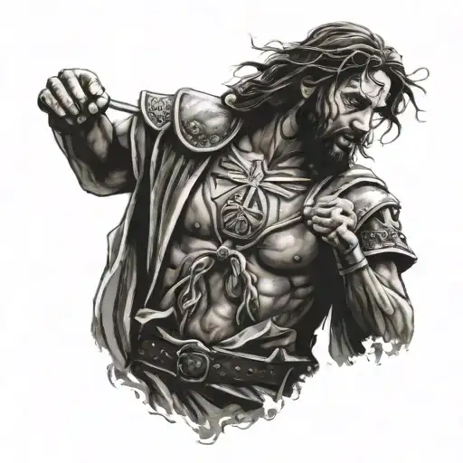 A powerful image of Jesus Christ as a warrior, clad in MMA fighting gear and ready for battle, with a mix of black and grey shading to give depth and texture tattoo design idea