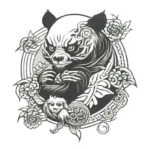 tengu mask and panda merged in an yin yang symbol intertwined tattoo design idea