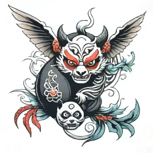 tengu mask and panda merged in an yin yang symbol intertwined tattoo design idea