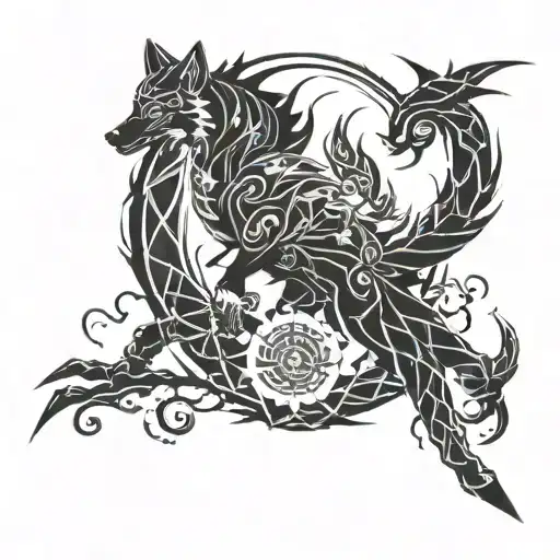 Incorporate elements of Naruto, Pain, Sasuke, and the Nine-Tailed Fox in a dynamic and interconnected design tattoo design idea