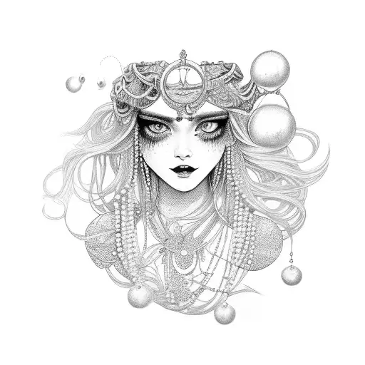 pisces goddess with long hair, pearls, crystals tattoo design idea