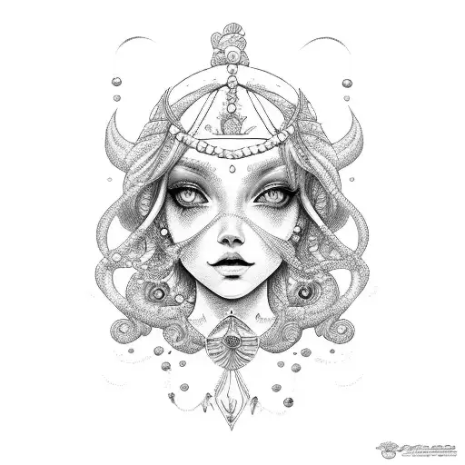 pisces goddess with  long hair, fish, pearls, crystals , seashells tattoo tattoo design idea