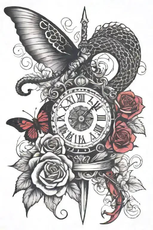 Spin tattoo with a snake rap around a sword, roses, butterfly in red and black ink tattoo design idea