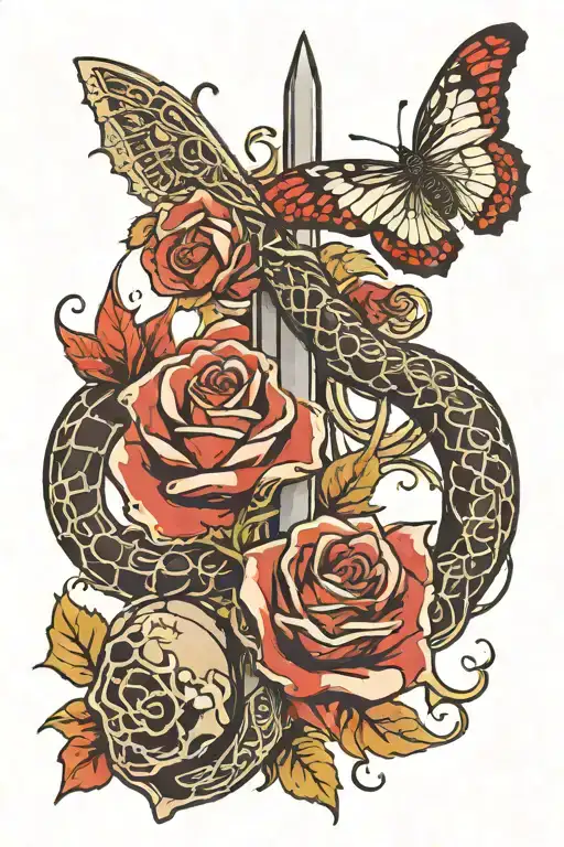 Spin tattoo with a snake rap around a sword, roses, butterfly in red and black ink tattoo design idea