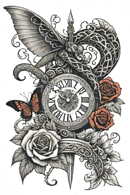 Spin tattoo with a snake rap around a sword, roses, butterfly in red and black ink tattoo design idea
