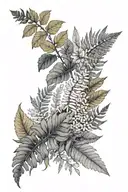 fine line fern and botanicals on thigh hip buttock area tattoo design idea