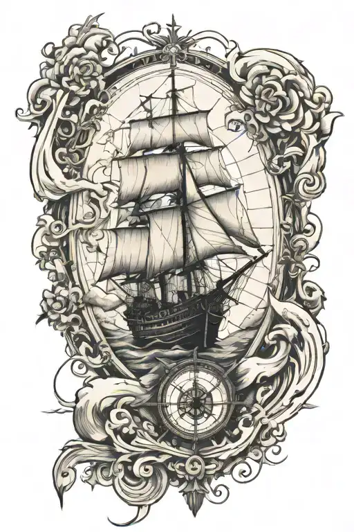 old world map with compass rose and old ship sailing through stormy tattoo design idea