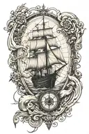 old world map with compass rose and old ship sailing through stormy tattoo design idea