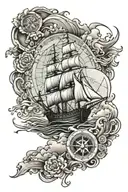 old world map with compass rose and old ship sailing through stormy tattoo design idea