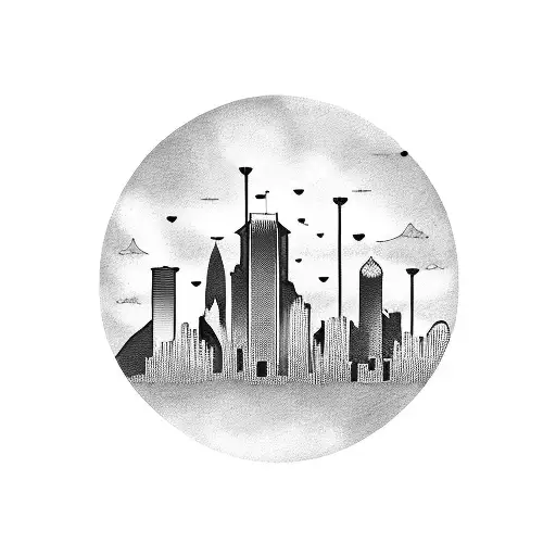 A skyline of Houston with musical notes floating in the sky tattoo design idea