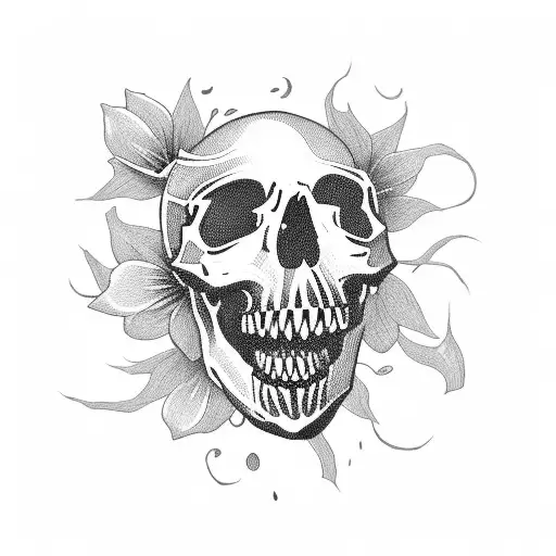 a skull with its mouth open and a long stretch of flowers coming out of its mouth tattoo design idea