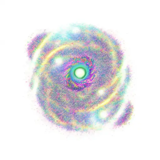 A new-school tattoo of the Big Bang Theory logo transformed into a colorful galaxy with planets representing different travel destinations tattoo design idea