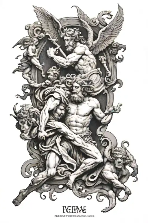 greek gods and fallen angels vs demons tattoo design idea