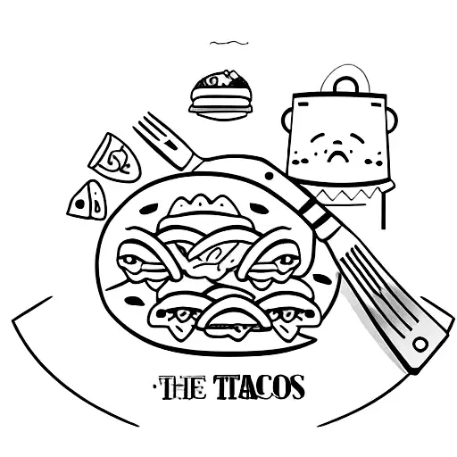 A minimalist tattoo of a plate of tacos with a chef's knife and fork tattoo design idea