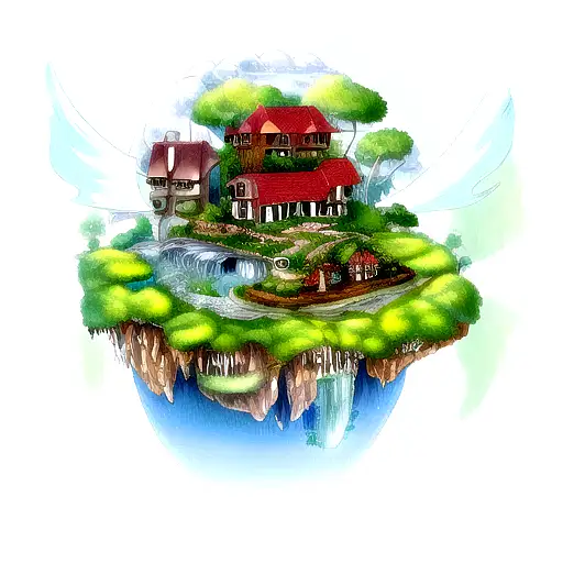 floating island with waterfall and house and trees and ghibli inapired art tattoo design idea