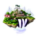 floating island with waterfall and house and trees and ghibli inapired art tattoo design idea