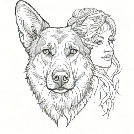 A portrait of a beautiful woman with a German shepherd dog tattoo design idea