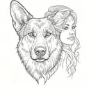 A portrait of a beautiful woman with a German shepherd dog tattoo design idea