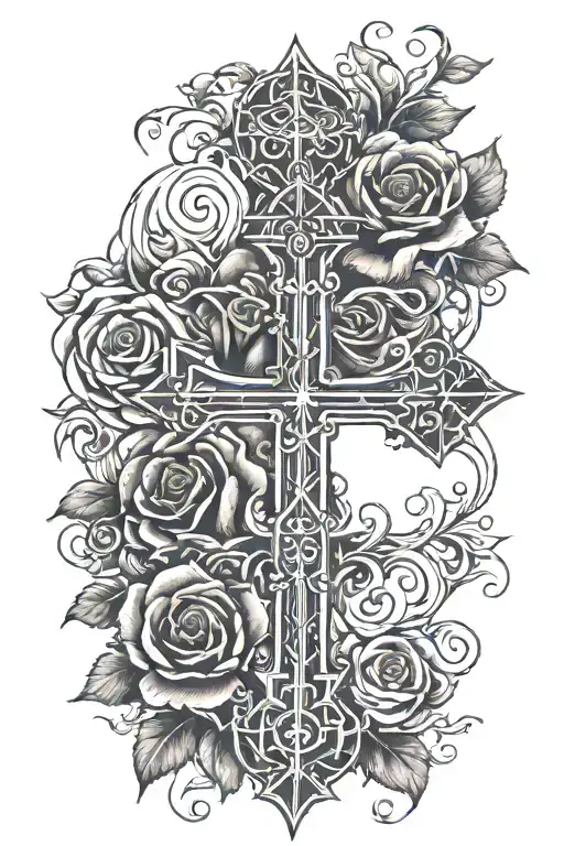 tattoo for the forearm that has a cross and something that symbolizes family with red text that says and forever tattoo design idea