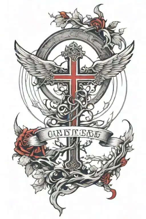 a cross with clouds and a circle of roots around it and red text and angel wings  tattoo design idea