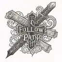 forearm tattoo with a cross and something to symbolize family and red text at the bottom that says follow your path tattoo design idea