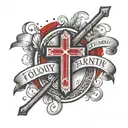 forearm tattoo with a cross and something to symbolize family and red text at the bottom that says follow your path tattoo design idea