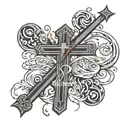 forearm tattoo with a cross and something to symbolize family and red text at the bottom that says follow your path tattoo design idea