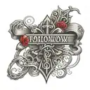 forearm tattoo with a cross and something to symbolize family and red text at the bottom that says follow your path tattoo design idea