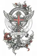 a cross with clouds and a circle of roots around it and red text and angel wings  tattoo design idea