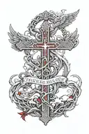 a cross with clouds and a circle of roots around it and red text and angel wings  tattoo design idea